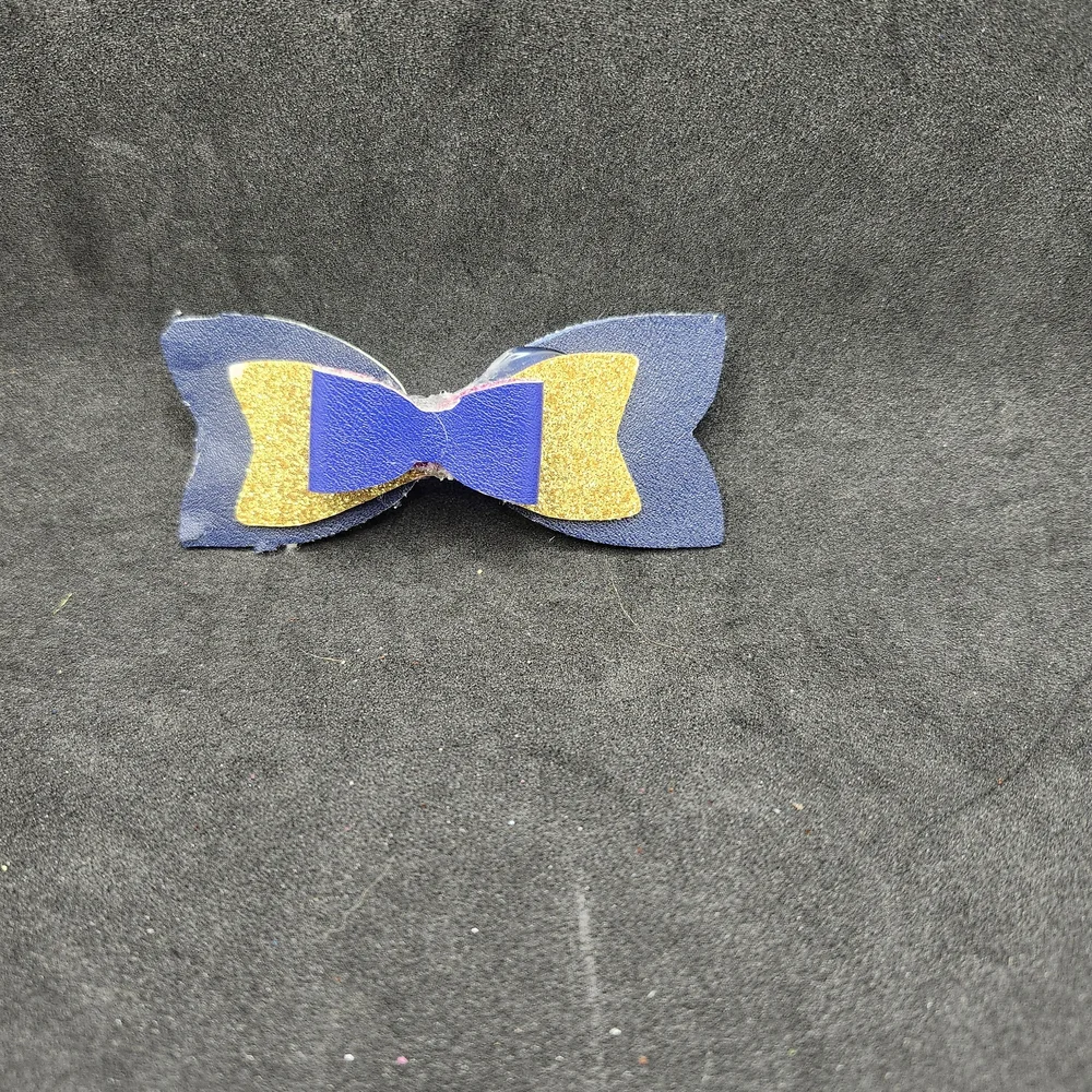 Handmade Blue & Gold Glitter Faux Leather Hair Bow Barrette Hair Clip